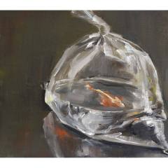 Fisch in der Plastiktüte / 2017 / Öl auf Holz / 27x31cm